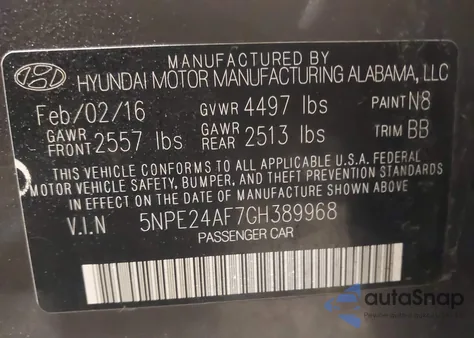 2016 Hyundai Sonata Se z USA, uszkodzony, nr VIN 5NPE24AF7GH389968